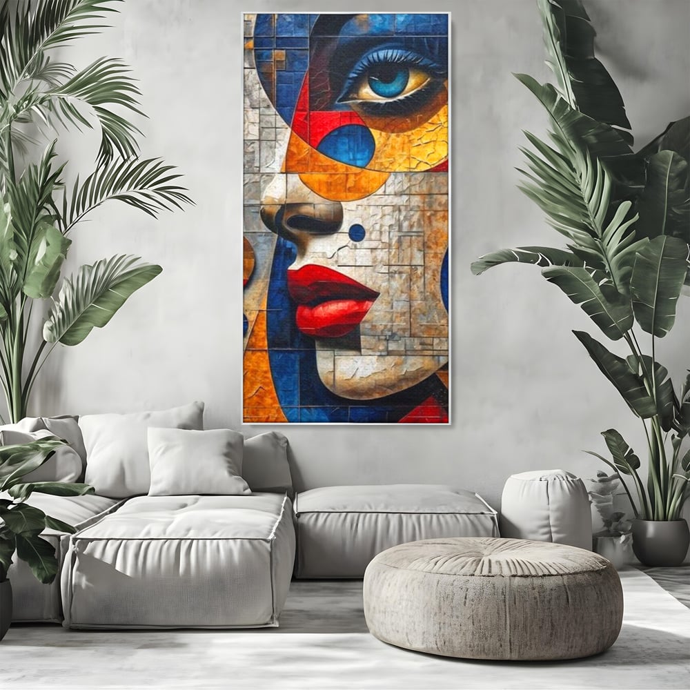 Tablou canvas cu tablou canvas cu portret abstract in stil mozaic, in rama de aluminiu argintiu, pe perete intr-un living